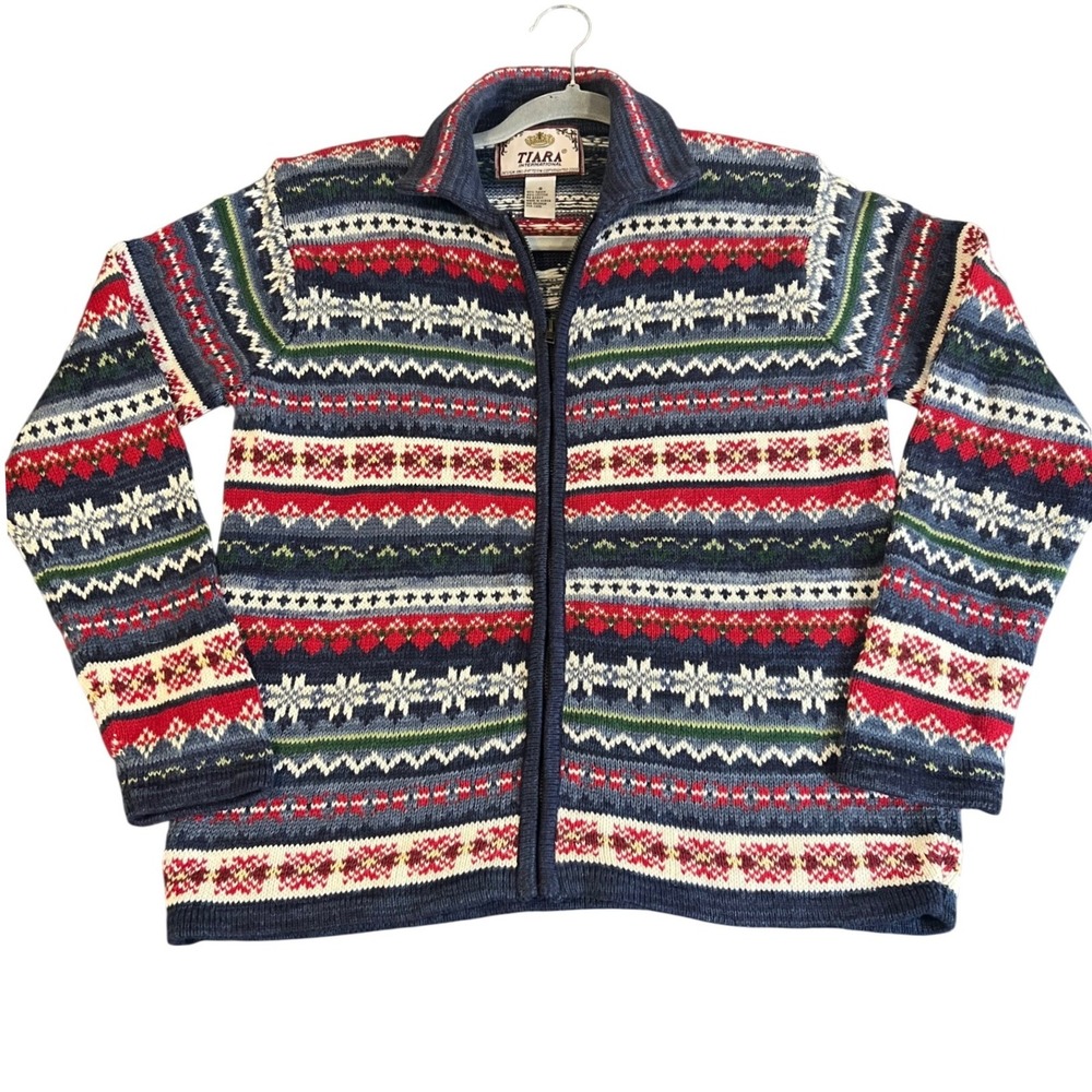 Vintage Nordic Fair Isle Sweater Cardigan Ski Lodge Scandinavian Winter Zip Up S